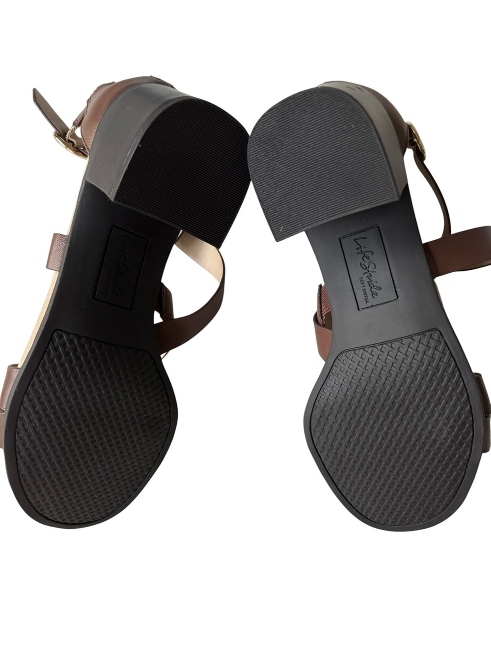 Life Stride Brown Strappy Block Heel Sandals with Gold Buckle 8 1/2 W - Picture 7 of 14